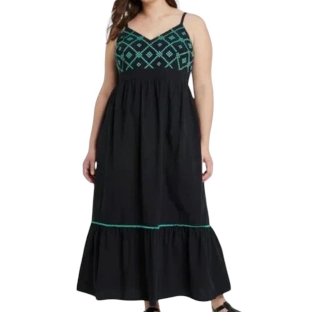 AVA & VIV Black w/Green Embroidery TIERED MAXI SUN DRESS Ruffle Smocked Back 1X